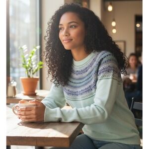 Talbots Petite Fair Isle Sweater Small Light Blue Purple Lambswool‎ Blend SOFT